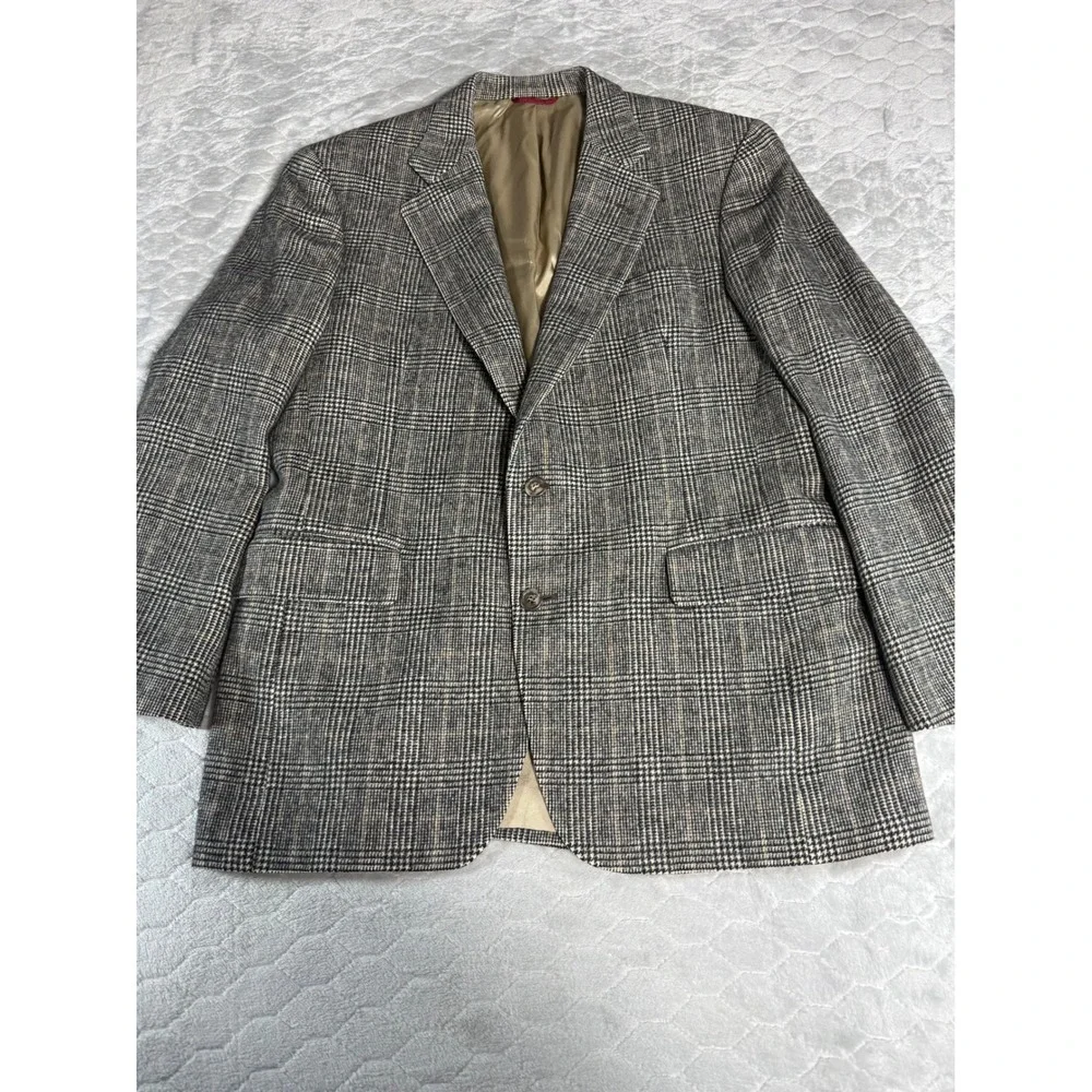 Jos A Bank Mens Glen Plaid Blazer 100% Camel Hair Grey Tan Sport Coat 44R 45R